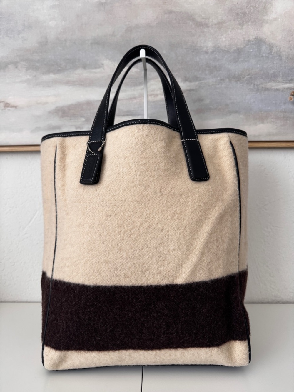 Coach Two-Tone Wool Tote in Cream and Brown with Black Leather Handles
